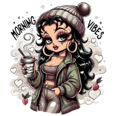 Oversized graphic coffee girl tee styled with neutral joggers and slides

