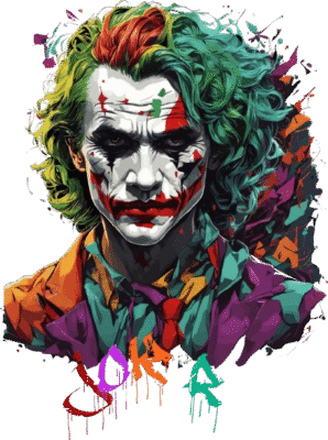 Bold joker style graphic tee paired with red joggers for streetwear look

