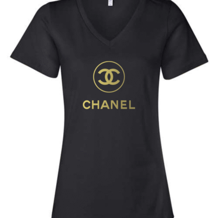 chanel gold logo v-neck t-shirt Bella Canvas designer tee for women