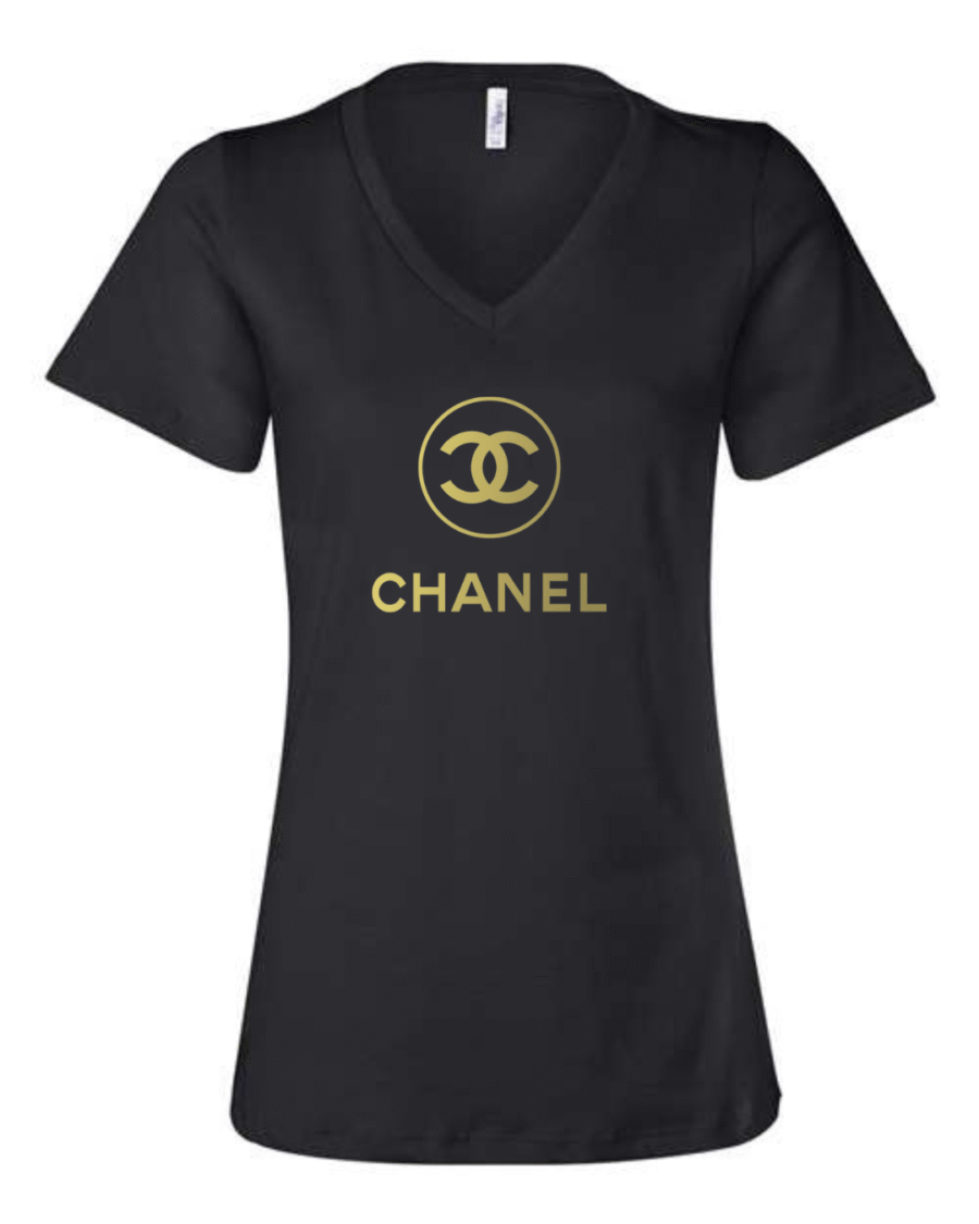 chanel gold logo v-neck t-shirt Bella Canvas designer tee for women