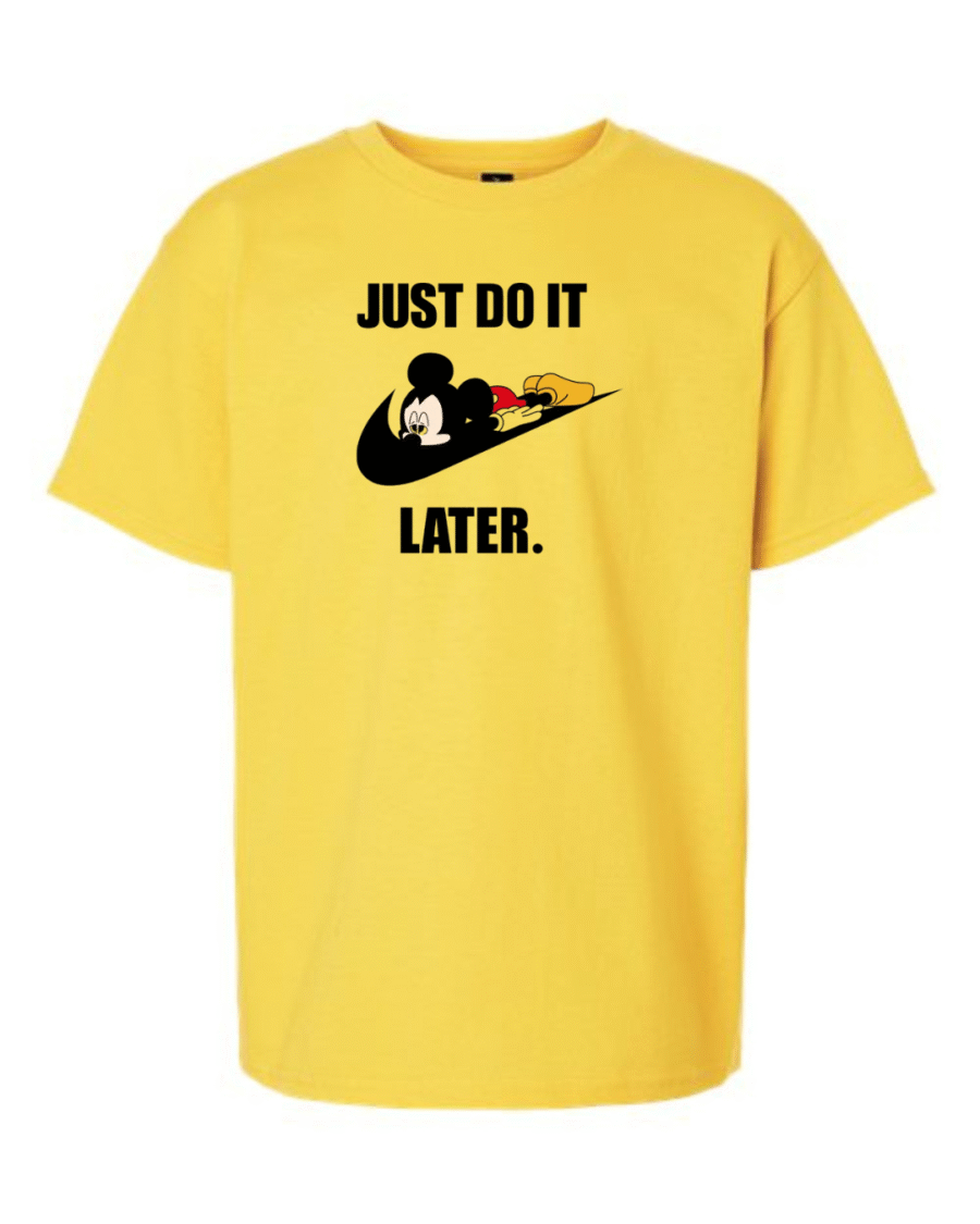 youth just do it later t-shirt lazy Mickey parody shirt for kids
