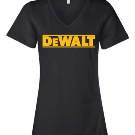 dewalt logo v-neck t-shirt women’s yellow power tool graphic shirt