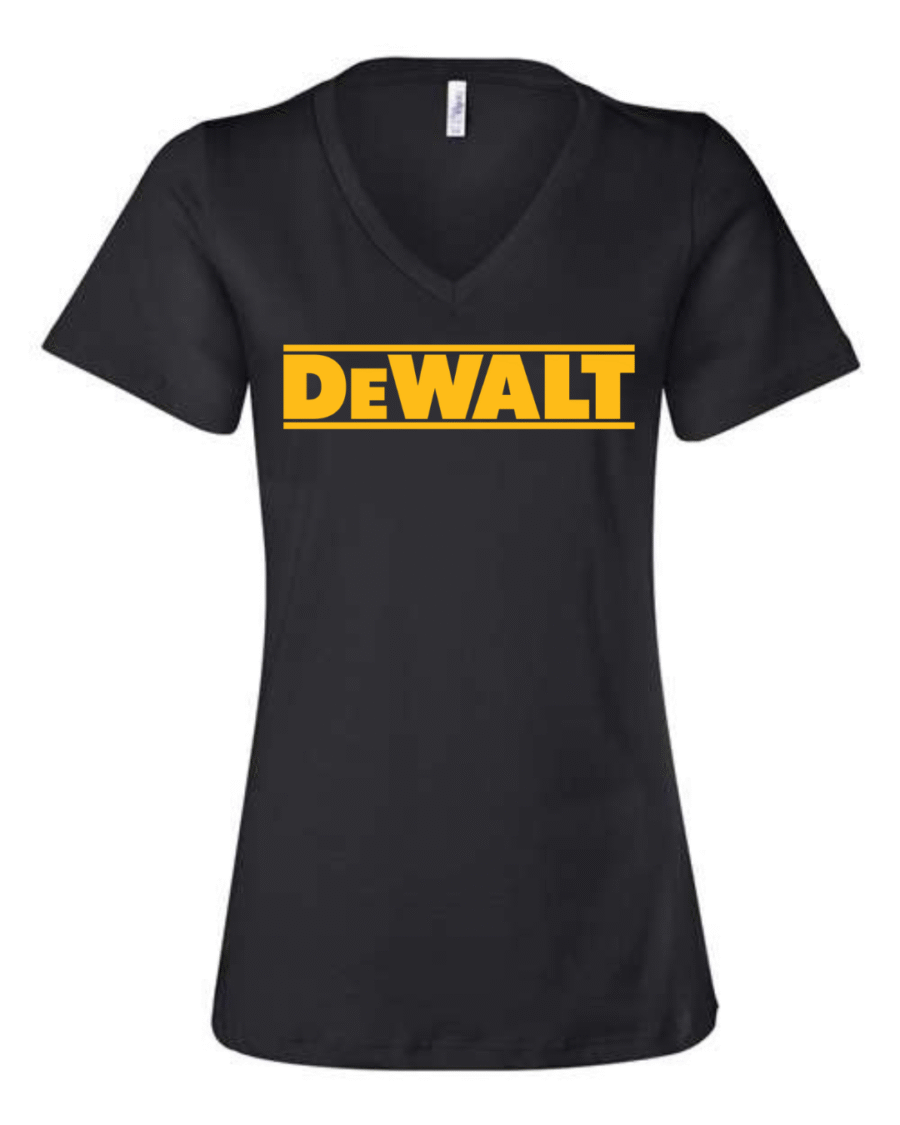 dewalt logo v-neck t-shirt women’s yellow power tool graphic shirt