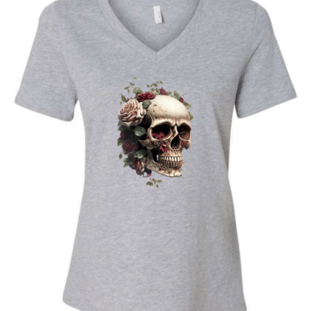 Floral Skull Art Bella Canvas Women’s V-Neck T-Shirt