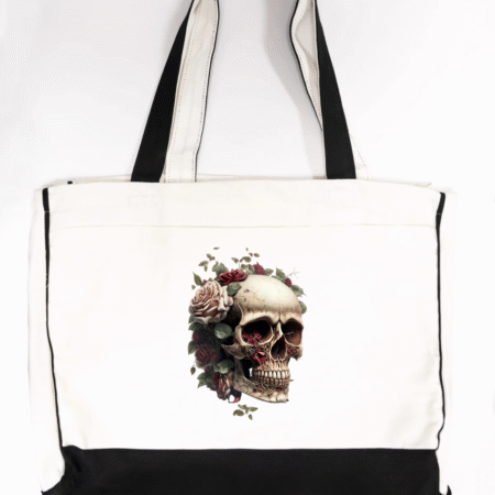 Floral Skull Design Trimmed Tote Bag