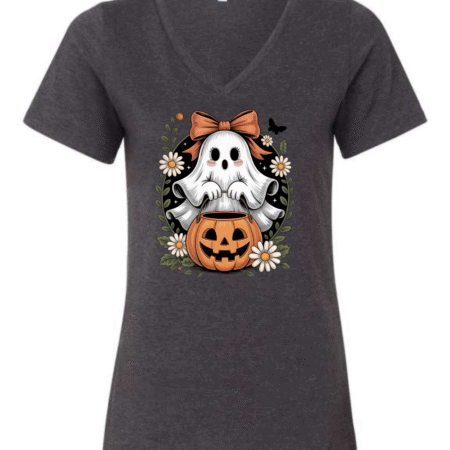 Floral Ghost Bella Canvas Women’s V-Neck Halloween T-Shirt